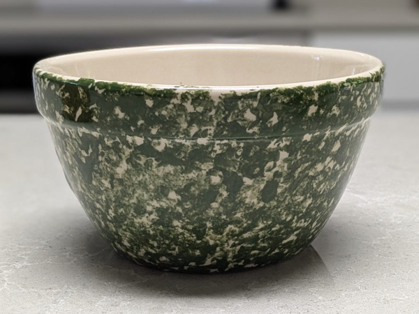 Ohio Stoneware green spongeware mixing bowl, 6 inch, with cream glazed interior