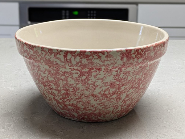 Ohio Stoneware poppy red spongeware mixing bowl, 10 inch, with cream glazed interior
