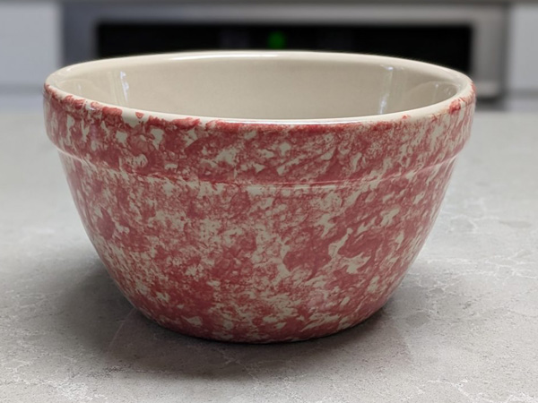 Ohio Stoneware poppy red spongeware mixing bowl, 6 inch, with cream glazed interior