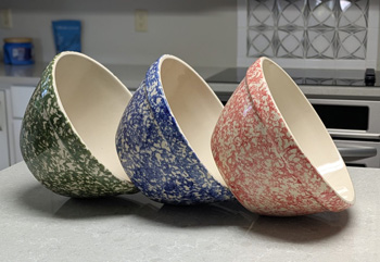 Ohio Stoneware 10 inch spongeware mixing bowls in green, blue and poppy red