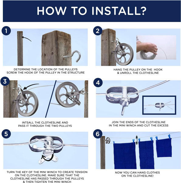 Ben-Mor clothesline installation guide — 6-step infographic: determine pulley location, hang pulley on hook, thread clothesline through pulleys, join ends in mini winch, tighten winch, hang clothes on finished clothesline